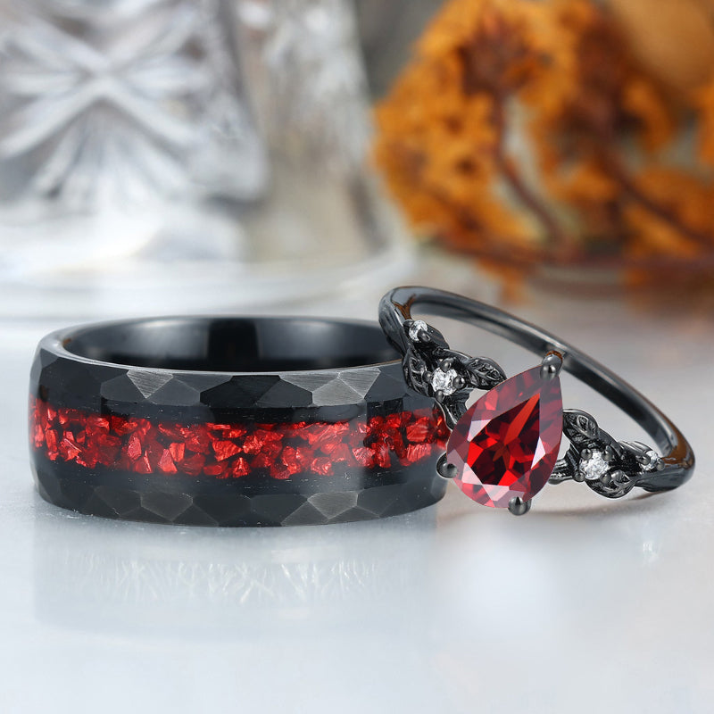 Leaves Design Natural Red Garnet Couple Rings Red Tungsten His And Hers Wedding Ring Set