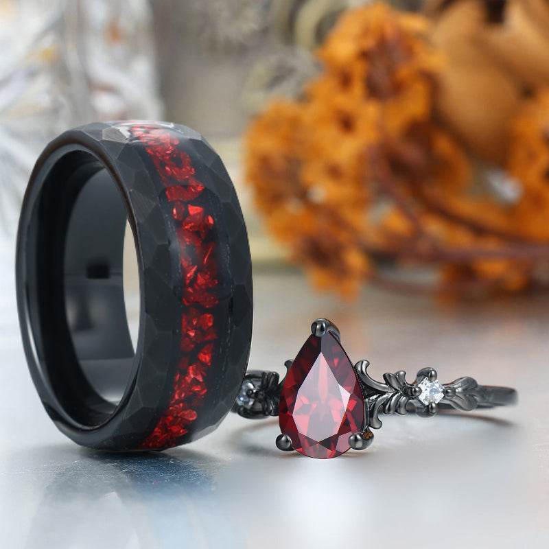 Exquisite Filigreed Natural Red Garnet Couple Rings Modern Red Anniversary His And Hers Matching Band