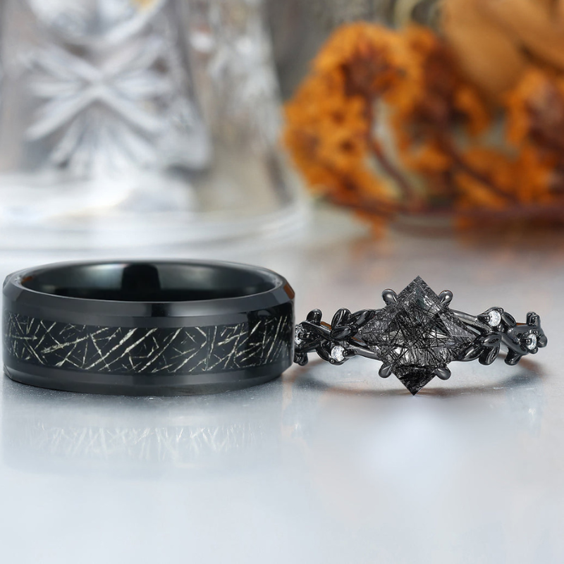 Unique Black Rutilated Quartz Sprig Engagement Couple Rings Promise His And Hers Wedding Band