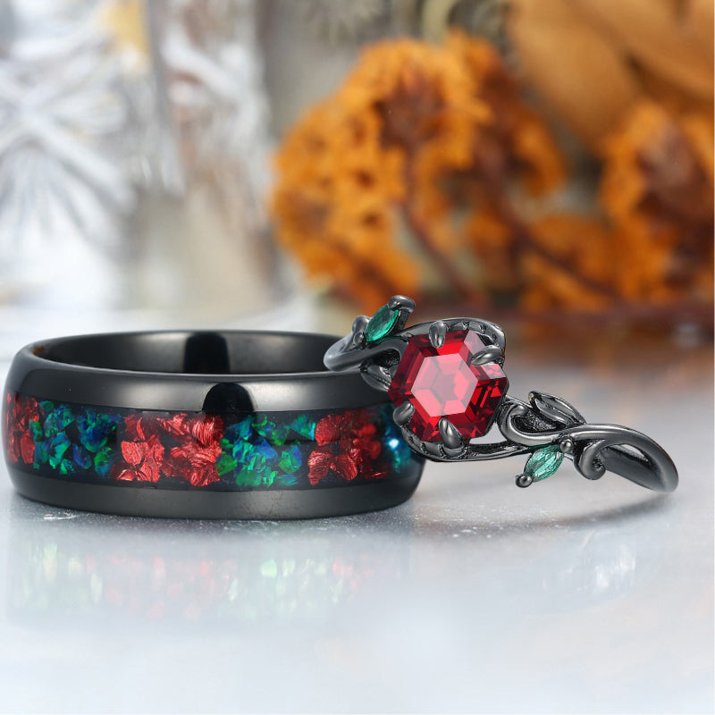Art Deco Branch Red Garnet His and Hers Matchiing Ring Tungsten Couples Ring Anniversary Wedding Band