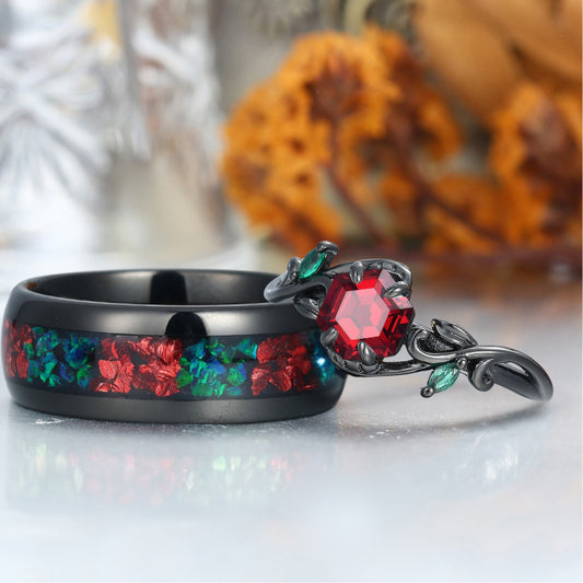Art Deco Branch Red Garnet His and Hers Matchiing Ring Tungsten Couples Ring Anniversary Wedding Band
