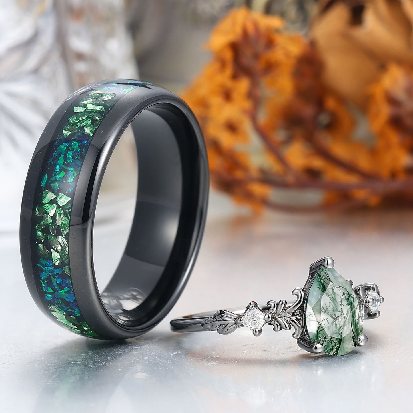 Personalized Moss Agate Vine-inspired Rings For Couples Matching Ring For Men And Women