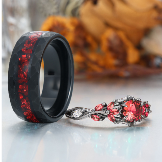 Artsy Natural Red Garnet Cluster Engagement Rings For Couples Personalized Tungsten Rings For Couples
