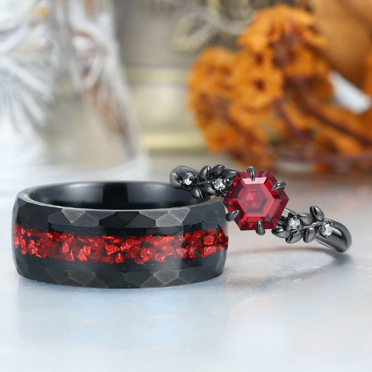 Sprig Natural Red Garnet Couples Ring Set Promise Red His And Hers Matching Ring For Men And Women Ring Set