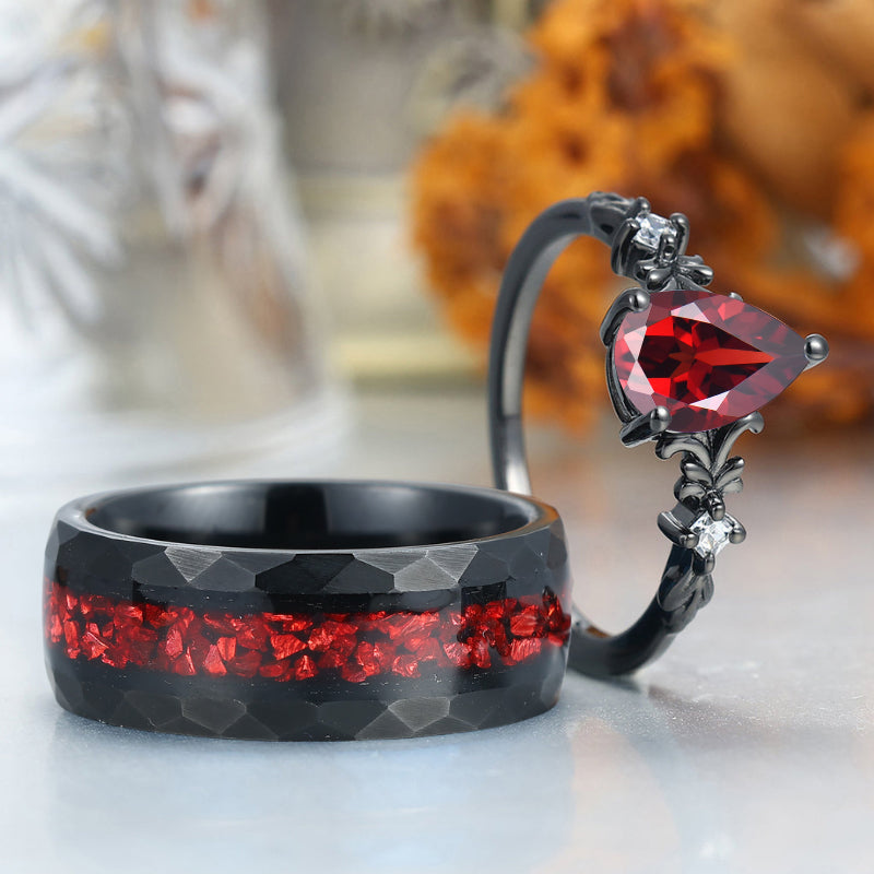 Exquisite Filigreed Natural Red Garnet Couple Rings Modern Red Anniversary His And Hers Matching Band