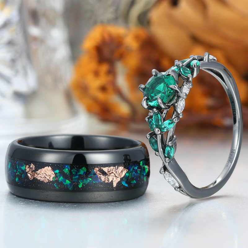 Emerald Engagement Couples Ring Set And Green Tungsten Matching Ring His and Hers Ring Set