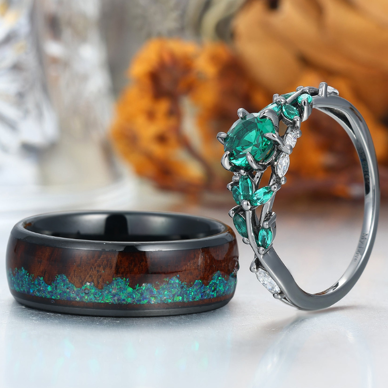 Emerald Engagement Couples Ring Set And Wood Inlay Tungsten Matching Ring His and Hers Ring Set
