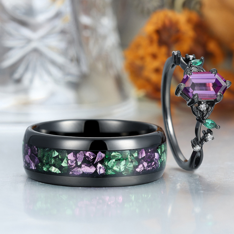 Fascinating Long Hexagon Amethyst Leaf Engagement Couple Rings Matching Tungsten His and Hers Wedding Band