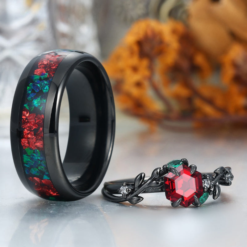 Hexagon Cut Natural Red Garnet Rings For Couples His And Hers Weddding Band Matching Ring
