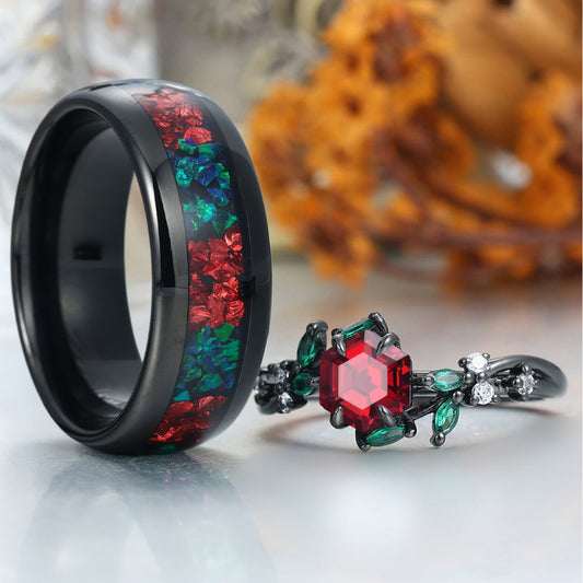 Stylish Red Garnet His and Hers Ring Leaf Design Couples Ring Two-tone Matching rings