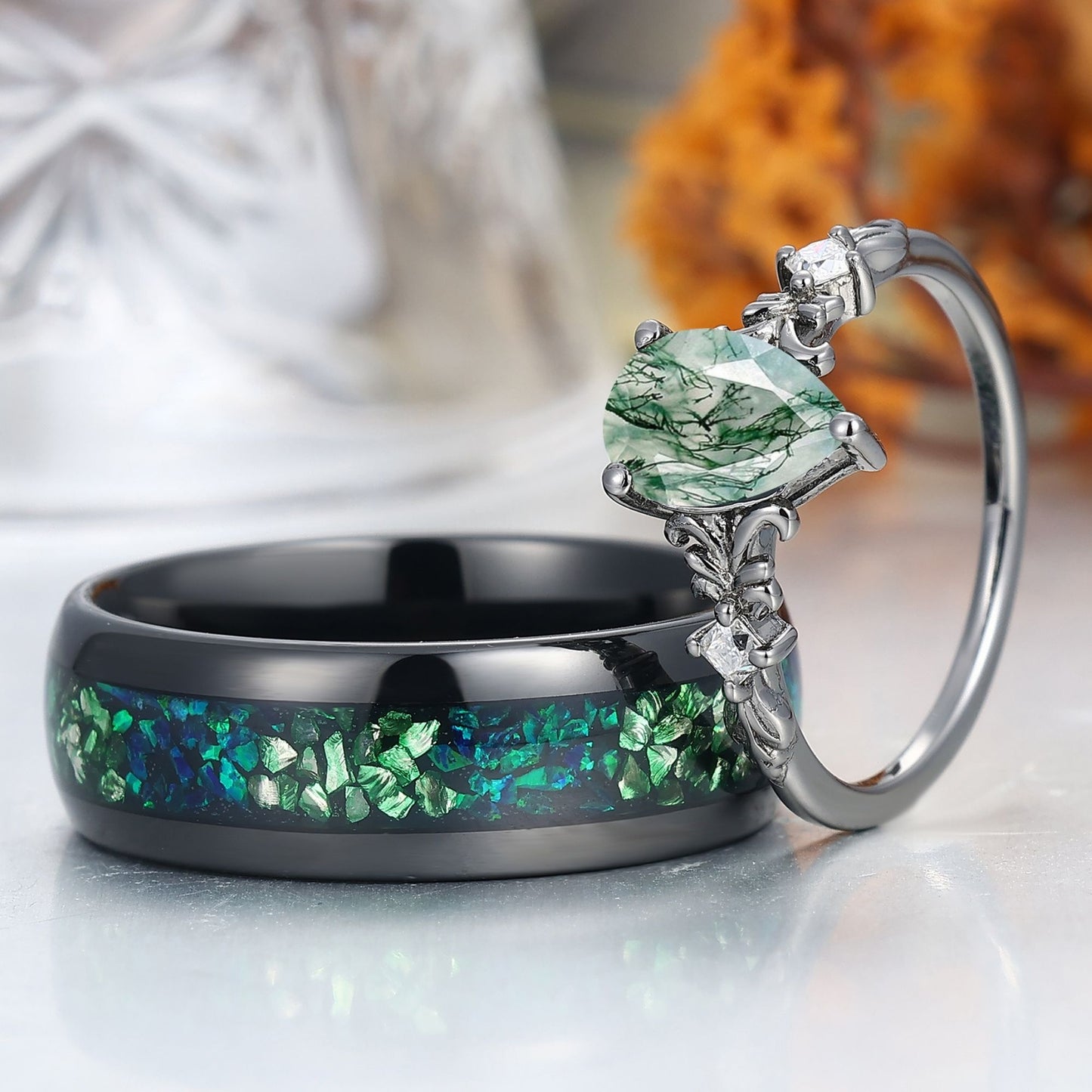 Personalized Moss Agate Vine-inspired Rings For Couples Matching Ring For Men And Women