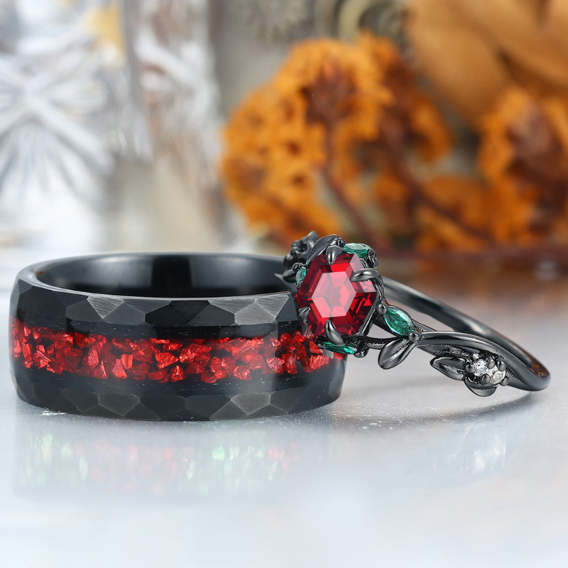 Red Garnet Sprigs Engagement Couple Rings Promise Tungsten Matching Wedding Rings