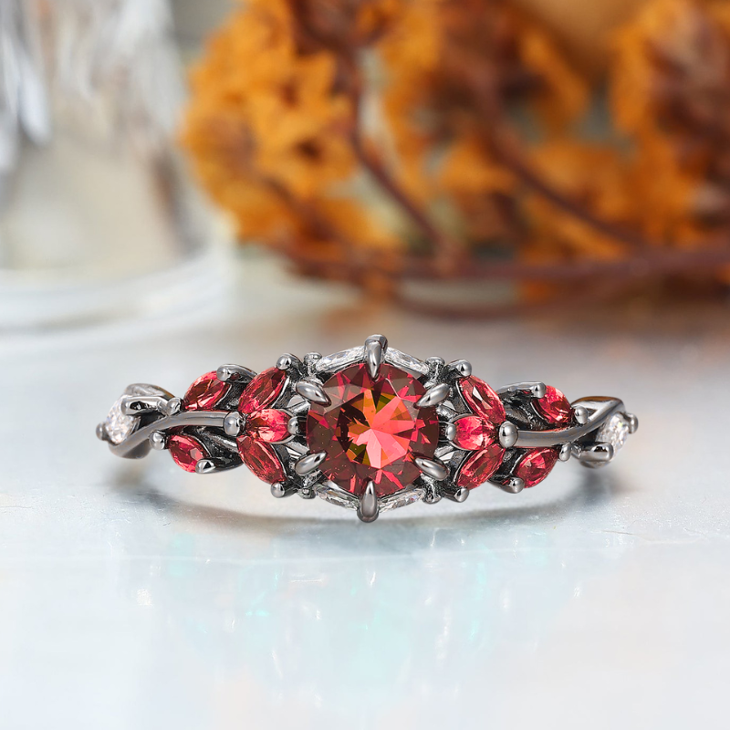 Artsy Natural Red Garnet Cluster Engagement Rings For Couples Personalized Tungsten Matching Rings For Couples