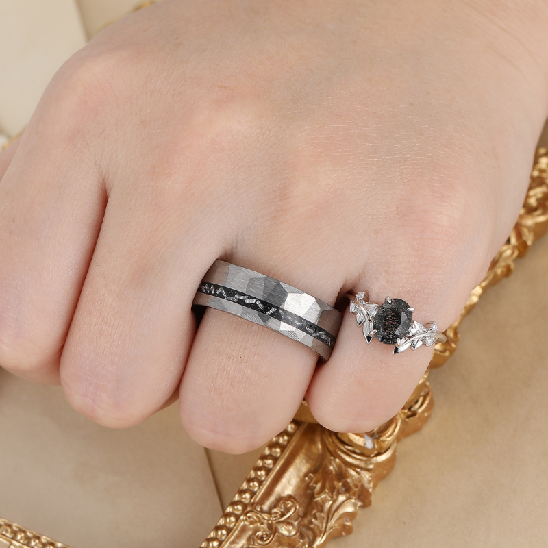 Dainty Black Rutilated Quartz Leaf Couples Ring Meteorite Tungsten Matching Ring