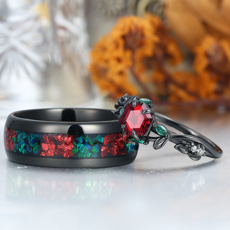 Red Garnet Sprigs Engagement Couple Rings Promise Ruby Tungsten Matching Wedding Rings