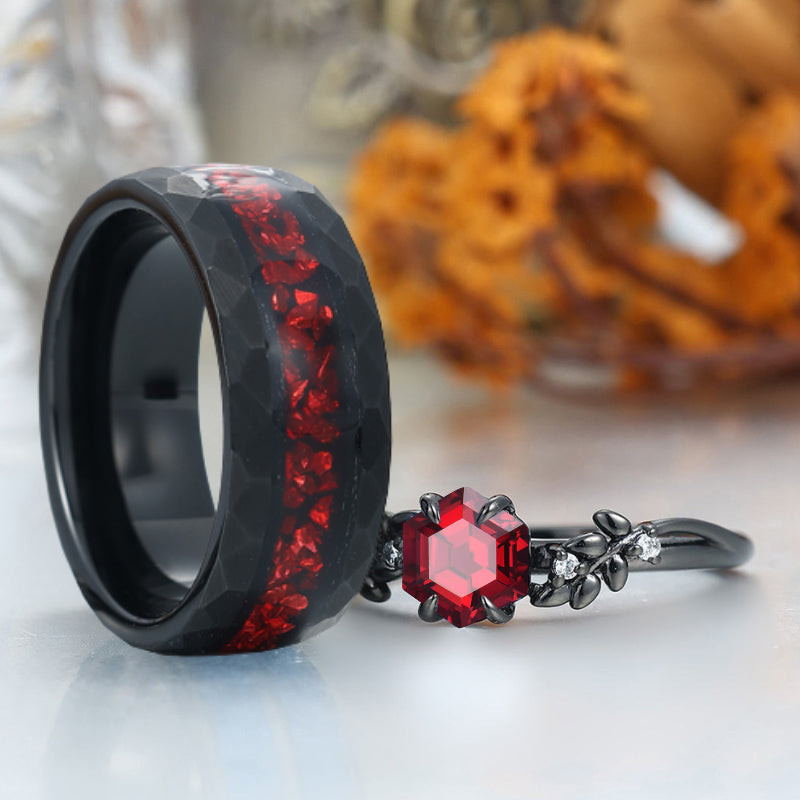 Sprig Natural Red Garnet Couples Ring Set Promise Red His And Hers Matching Ring For Men And Women Ring Set