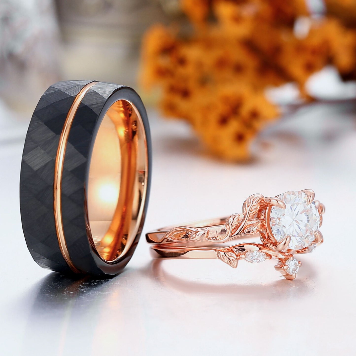 Exquisite Moissanite Branch Leaf Design Couples Ring Set His And Hers Moissanite Rings