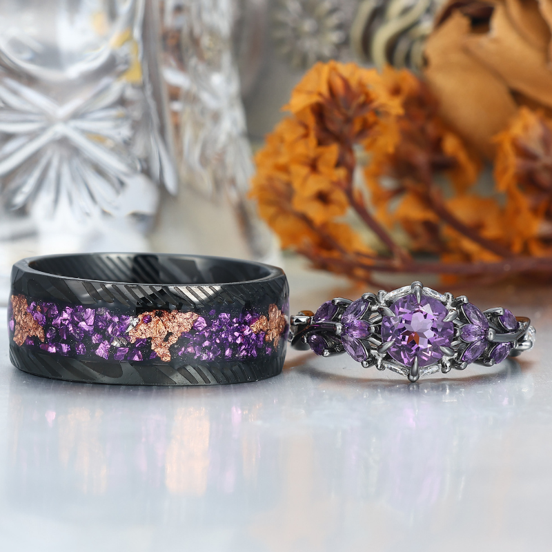 Amethyst and Black Damascus Steel Wedding Bands Matching Ring Set for Couples