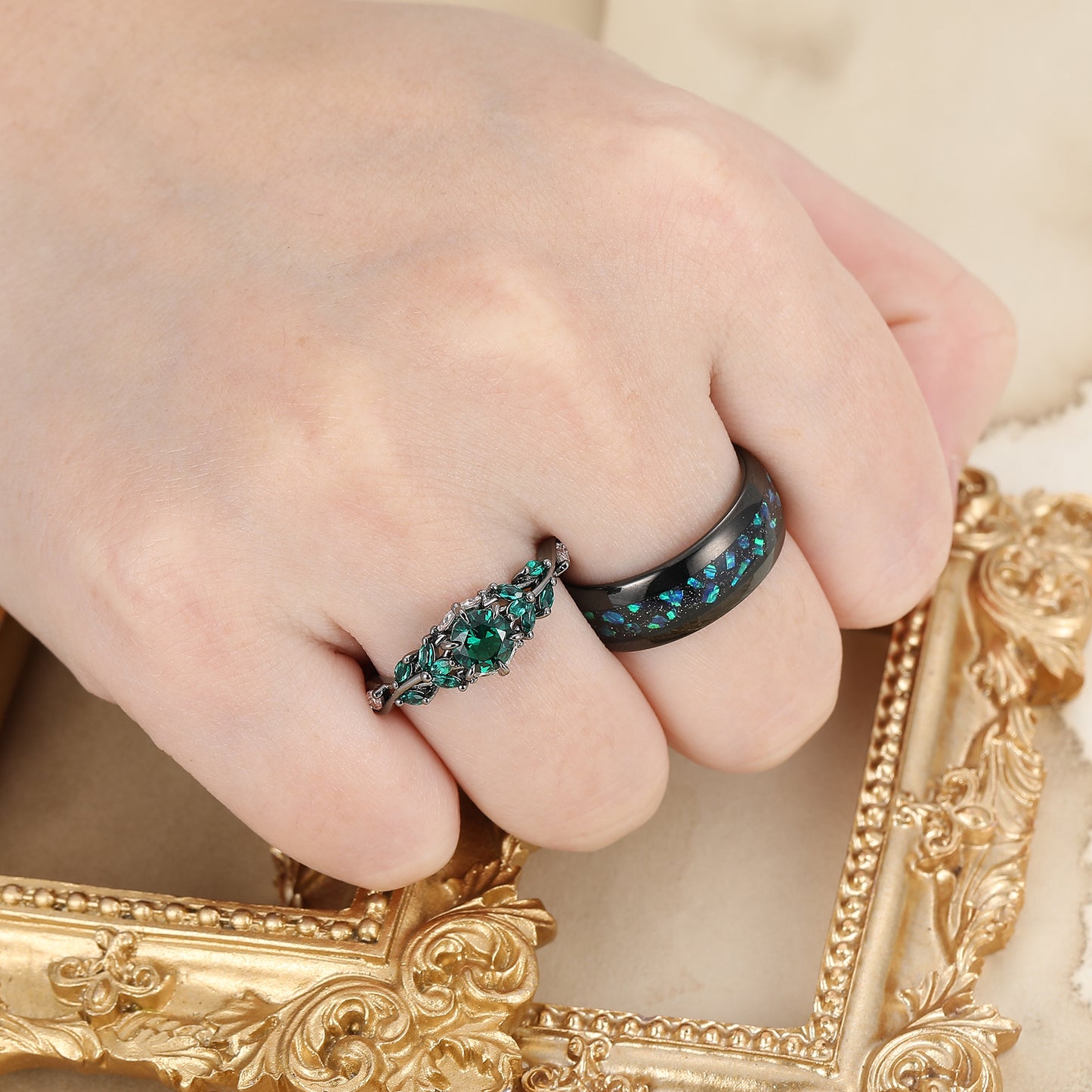 Emerald Engagement Couples Ring Set And Peacock Opal Tungsten Matching Ring His and Hers Ring Set