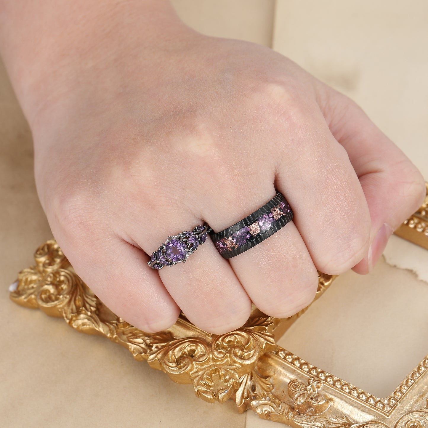Amethyst and Black Damascus Steel Wedding Bands Matching Ring Set for Couples