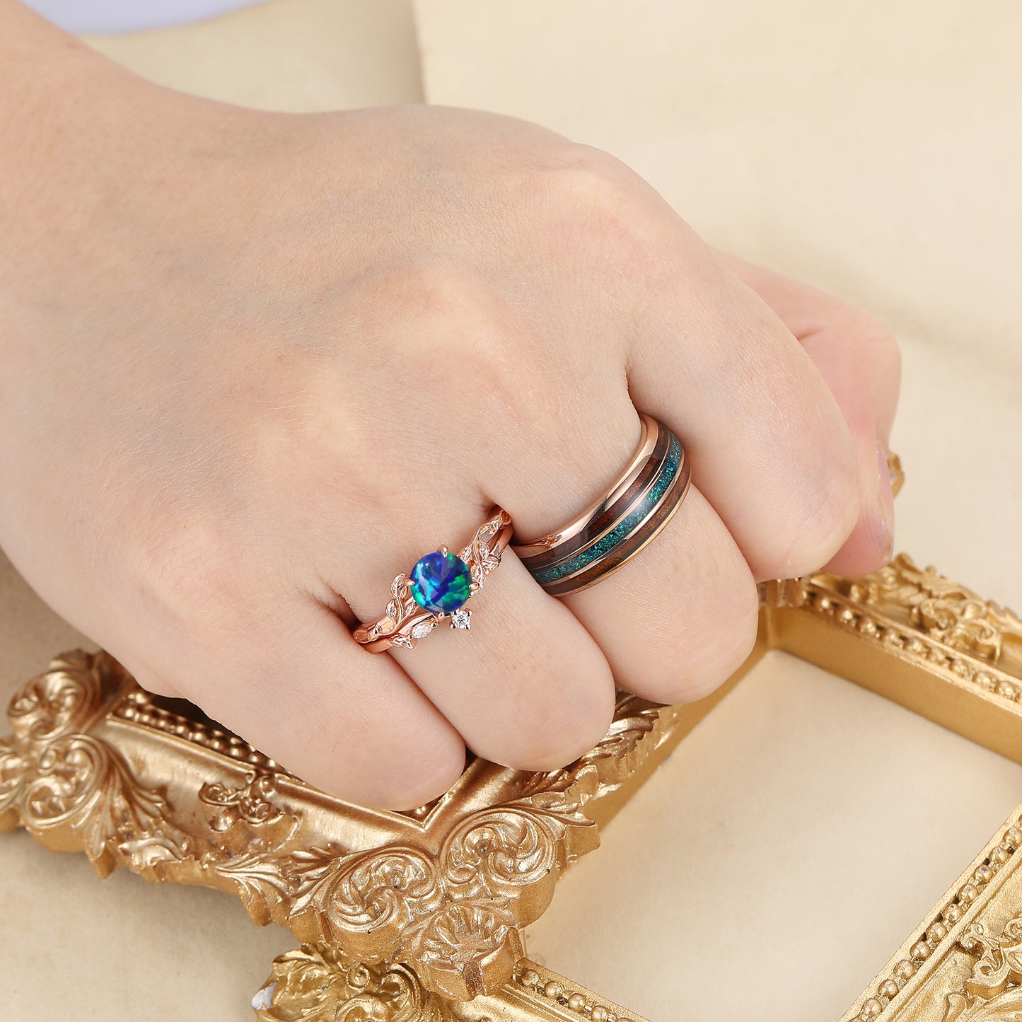 Nature Inspired Twig Leaf Peacock Green Opal Couples Ring Set Peacock Green His And Hers Rings