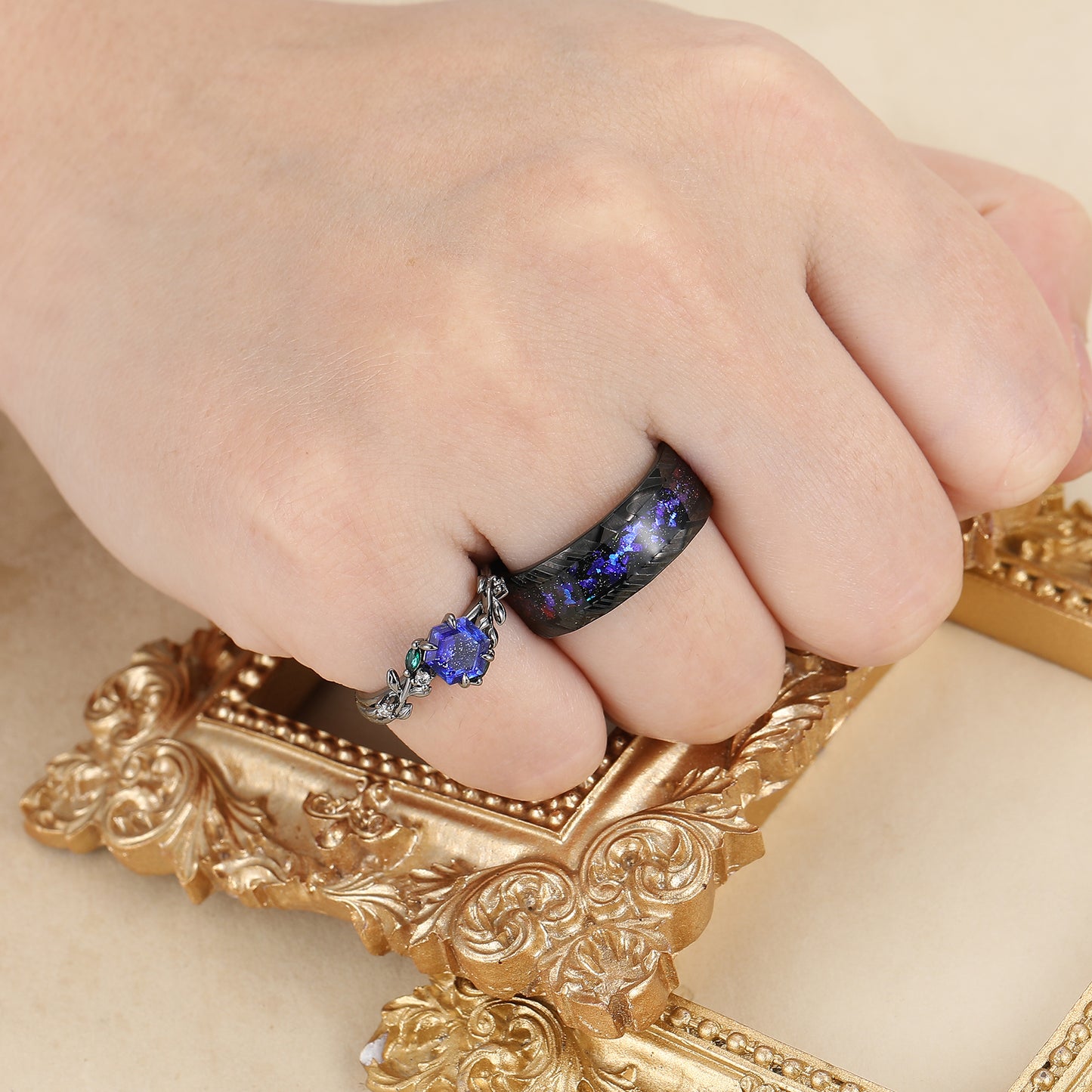 Aglisten Galaxy Sandstone Matching Engagement and Wedding Rings Blue Anniversary Couple Rings