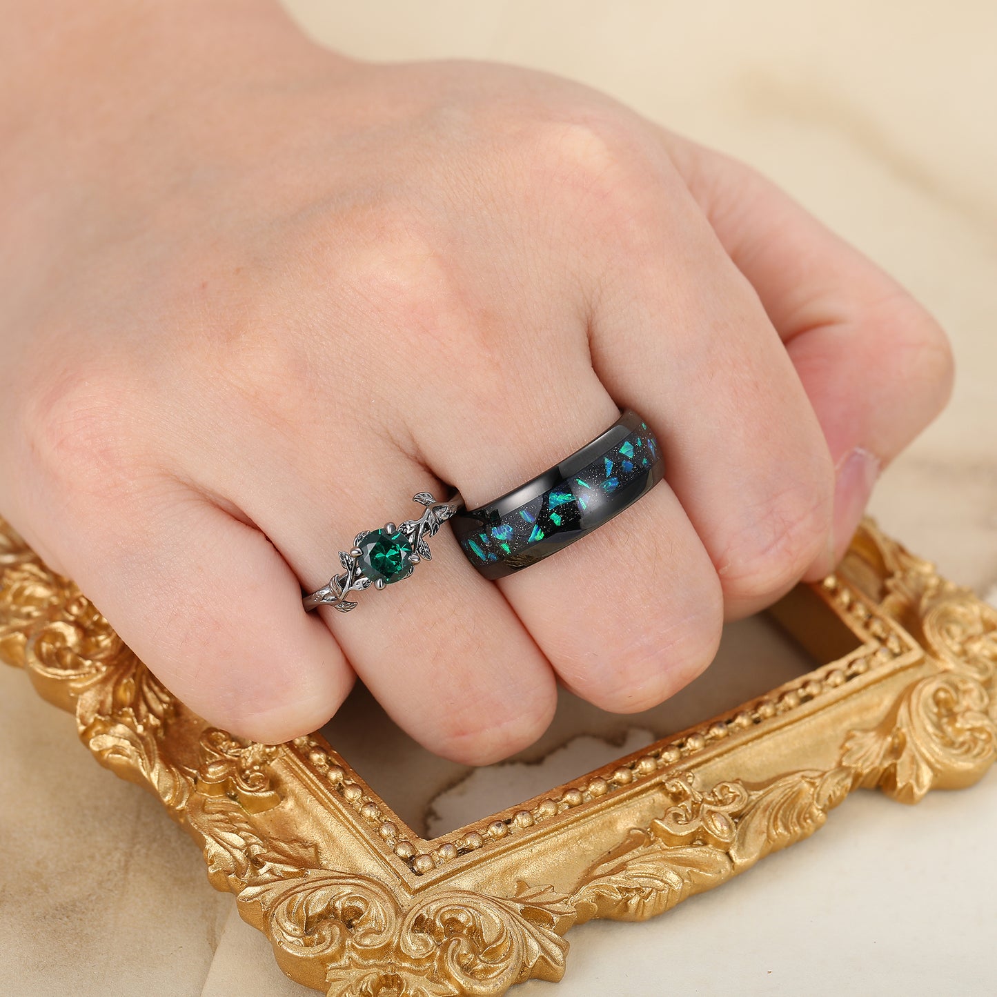 Gorgeous Emerald Leaf Design His And Hers Wedding Bands Personalized Black Plated Couples' Set