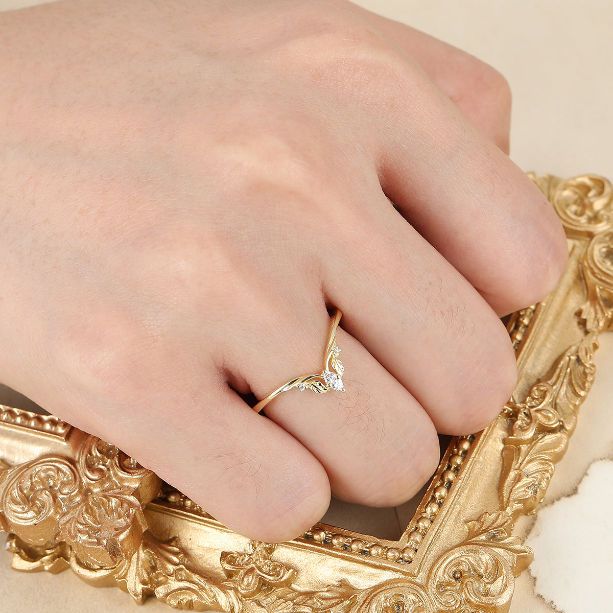 Artsy V Shape Moissanite Women Band Leaf Design Moissanite Inlay 14k Solid Gold Wedding Band