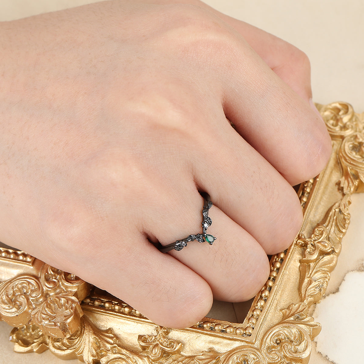 Delicate Leaf Vine Design Ring Curved Green Emerald Leaf Ring in Black Gold
