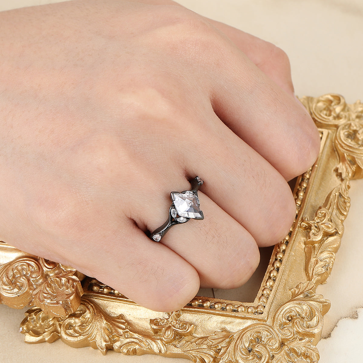 Art Deco Moissanite Sprig Engagement Ring Set in 925 Sterling Silver or 14K Gold