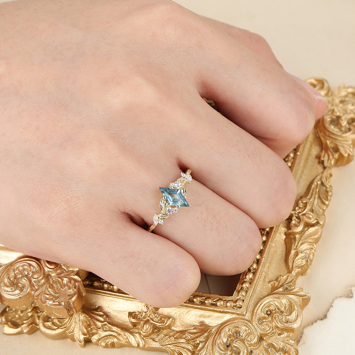 Leaf Design Aquamarine Engagement Ring Sprig Engraved Handmade 14K Gold Women Bridal Ring