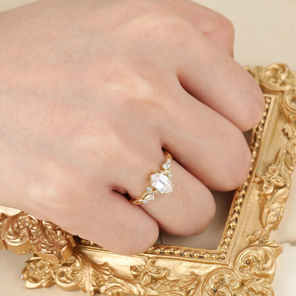 Long Hexagon Moissanite Crossed Band Women Fine Ring 14K Solid Gold Vine Bridal Ring