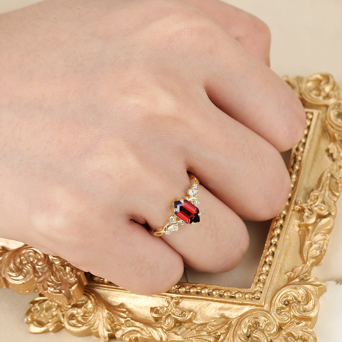 Long Hexagon Nature Red Garnet Crossed Band Women Fine Ring 14K Solid Gold Vine Bridal Ring