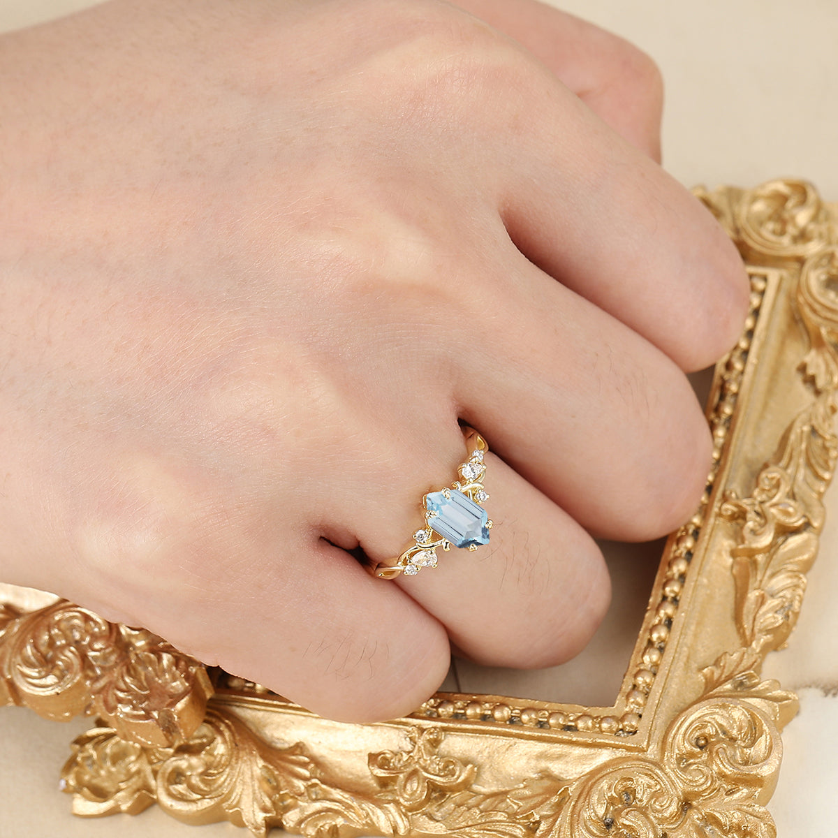 Nature Inspired Sky-blue Aquamarine Engagement Ring Yellow Gold Dainty Women Ring Gifts