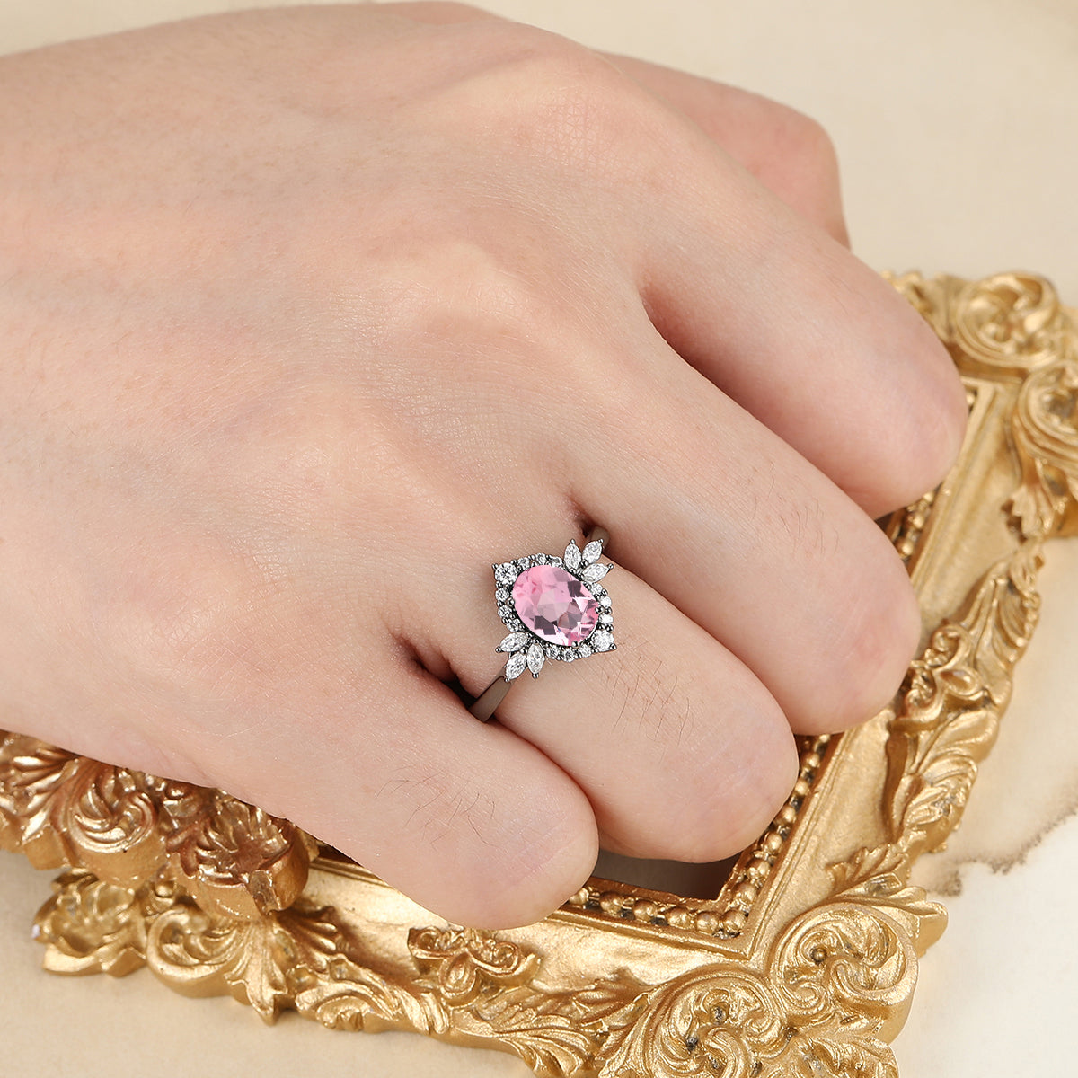 Halo Floral Design Pink Morganite Engagement Ring Cluster Moissanite Bridal Ring For Women