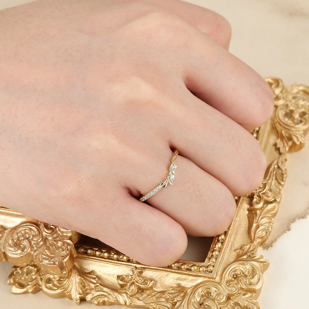 Nature Inspired Moissanite Wedding Band Leaf Design Bridal Anniversary Band Yellow Gold Handmade Curved Band