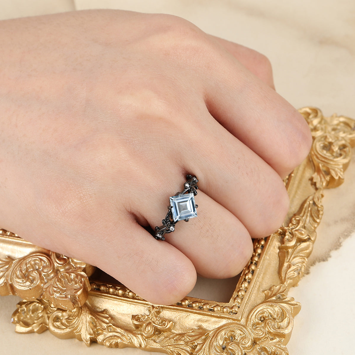 Art Deco Aquamarine Twig Engagement Ring Anniversary Bridal Ring Handmake Women Ring