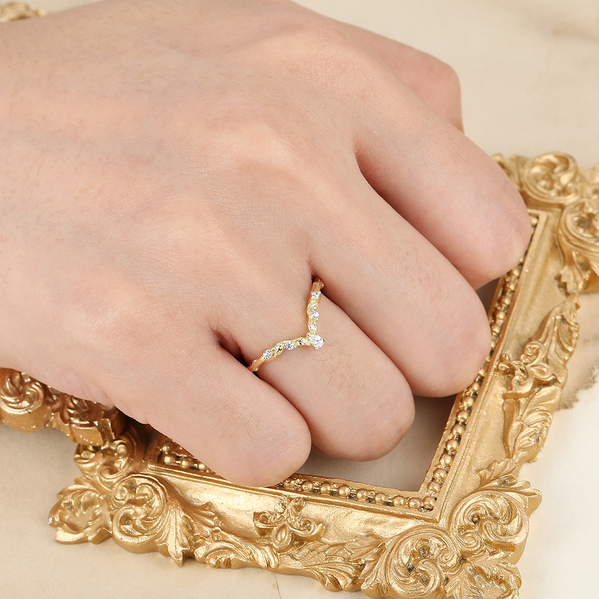 Nature Inspired Moissanite Inlay Curved Wedding Band Brilliant Yellow Gold Women Promise Ring