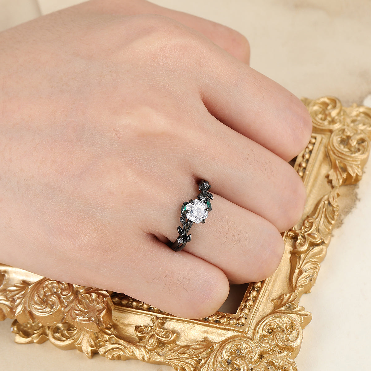 Hexagon Cut 0.85CT Moissanite Engagement Ring with Delicate Leaf Details Moissanite Rings
