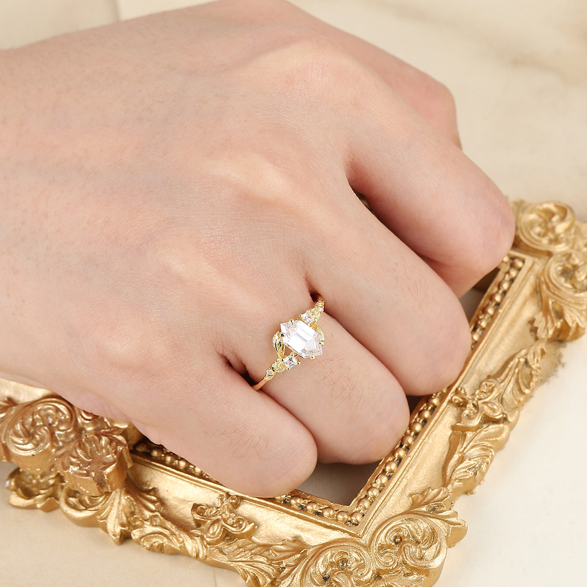Rose Leaf Engraved Moissanite Engagement Ring Nature Inspired Women Ring Yellow Gold Promise Ring