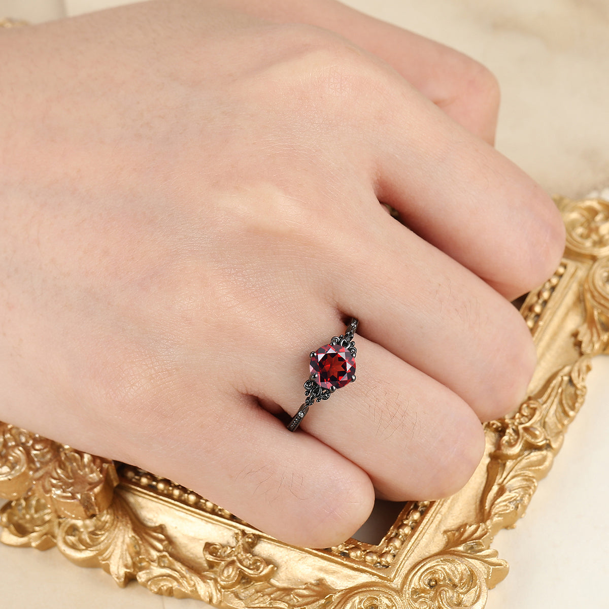 Retro Round Cut S925 Nature Red Garnet Leaves Engagement Ring Women Fine Ring Bridal Ring