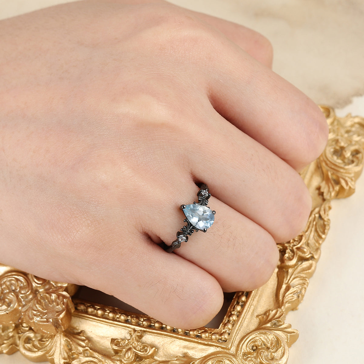 Scrolled Vine Design Aquamarine Bridal Ring Silver And Solid Gold Sky Blue Engagement Ring