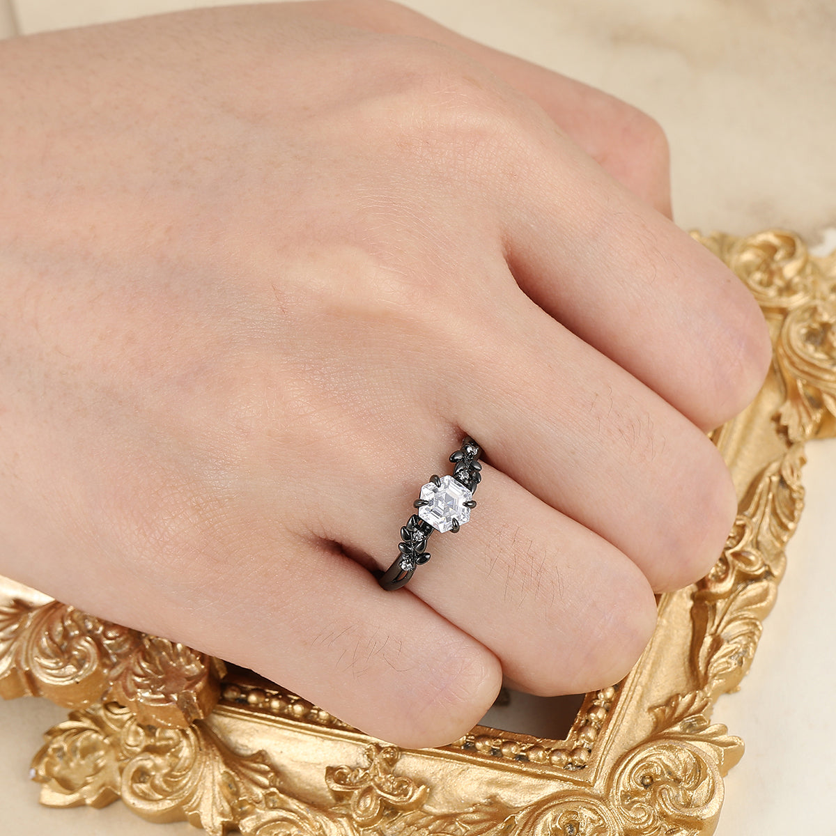 Hexagon Cut Moissanite Engagement Ring with Delicate Leaf Details Moissanite Ring
