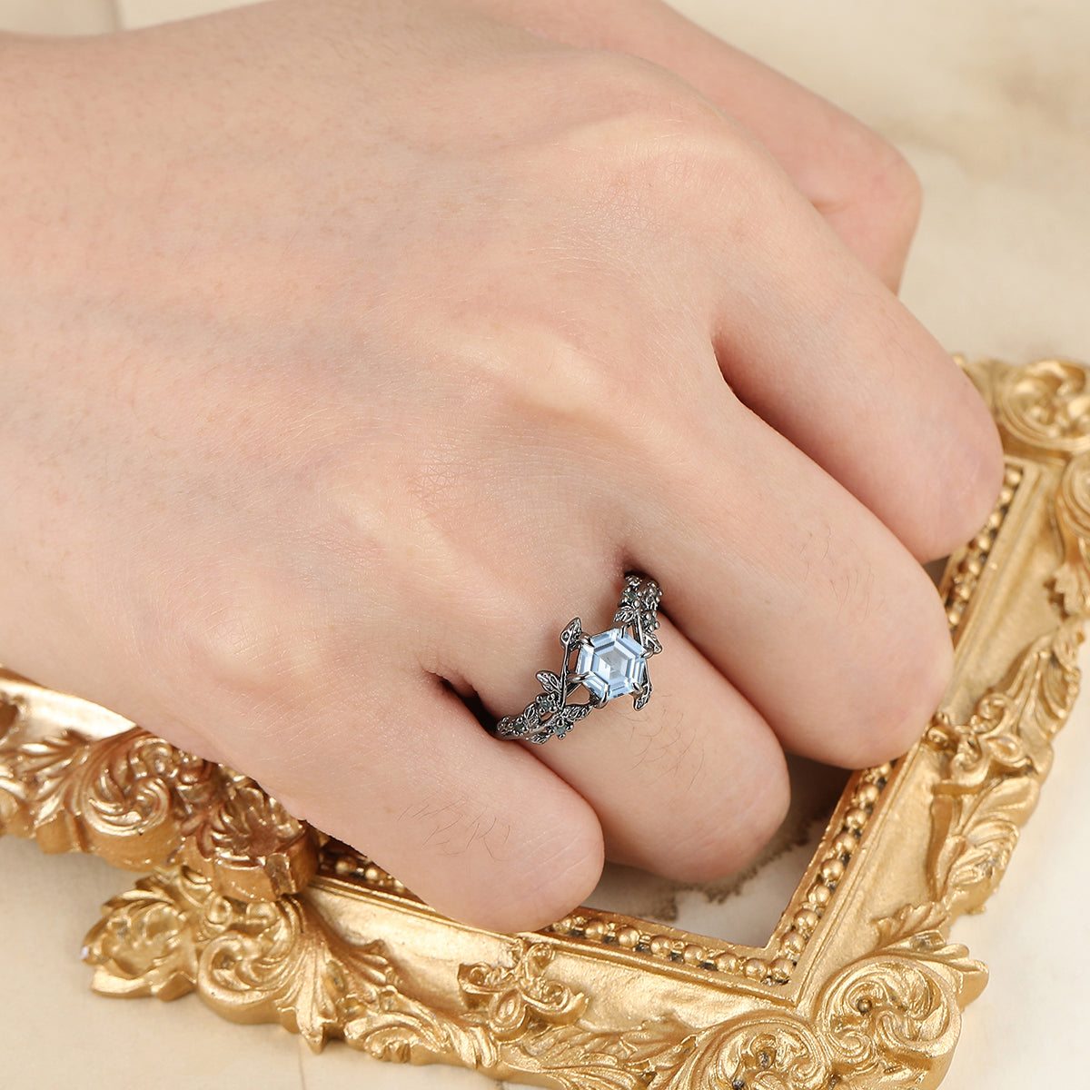 Hexagon Cut Aquamarine Leaf Twig Engagement Ring Prong Setting Handmade Women Ring Birthday Ring