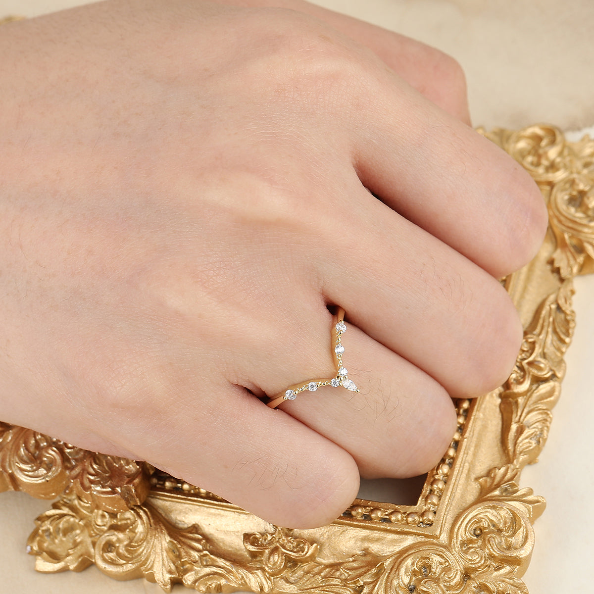 Dainty V Shape Milgrained Moissanite Wedding Band Matching Women Fine Band