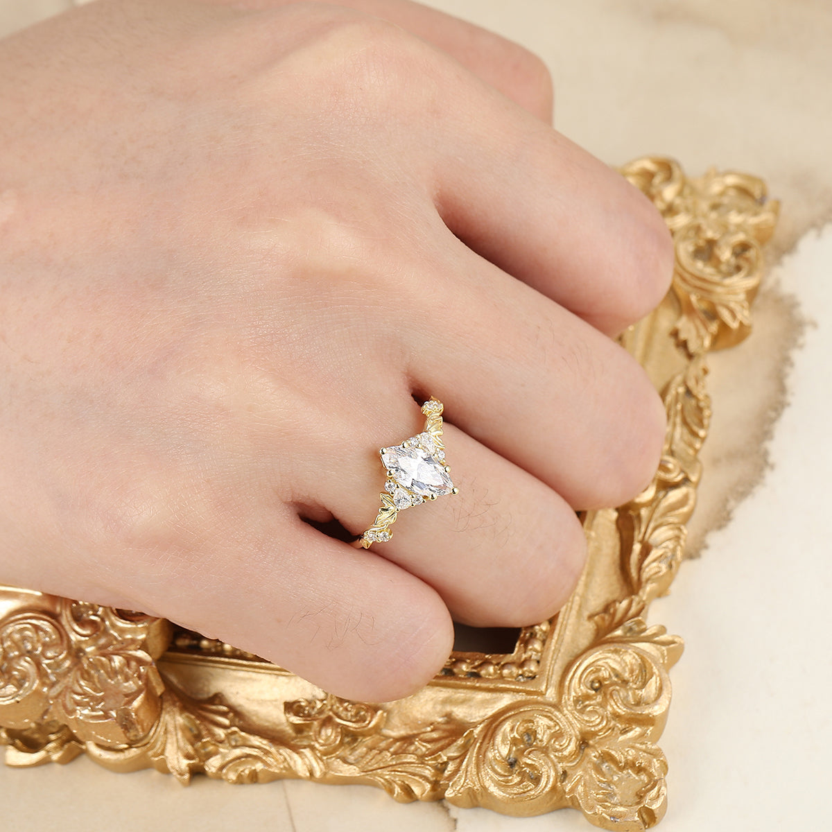 Unique Moissanite Cluster Bridal Ring Nature Inspired Blade Solid Gold Wedding Anniversary Ring
