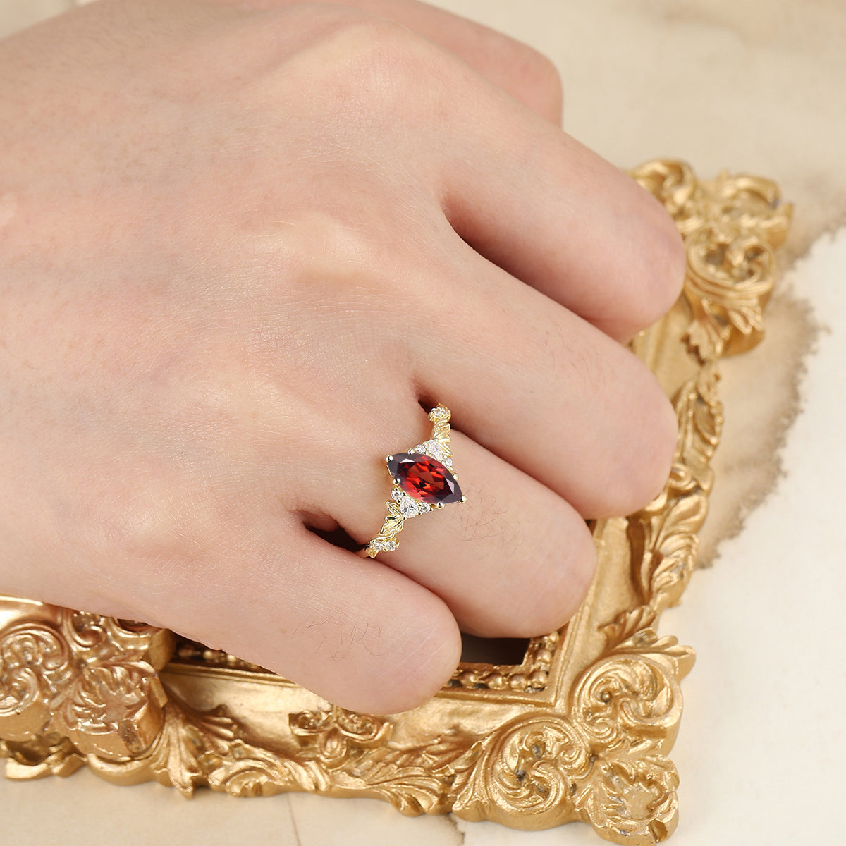 Unique 14k Yellow Gold Nature Red Garnet Engagement Ring Leaf Shpae Wedding Ring