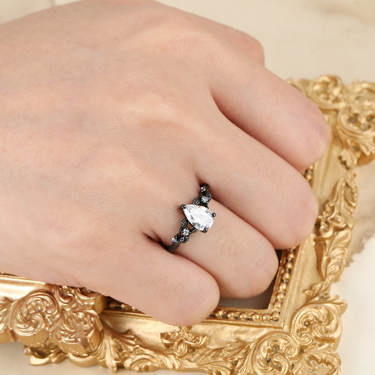 Elegant Vintage Style Pear Cut 1.50CT Moissanite Engagement Ring in Black Gold