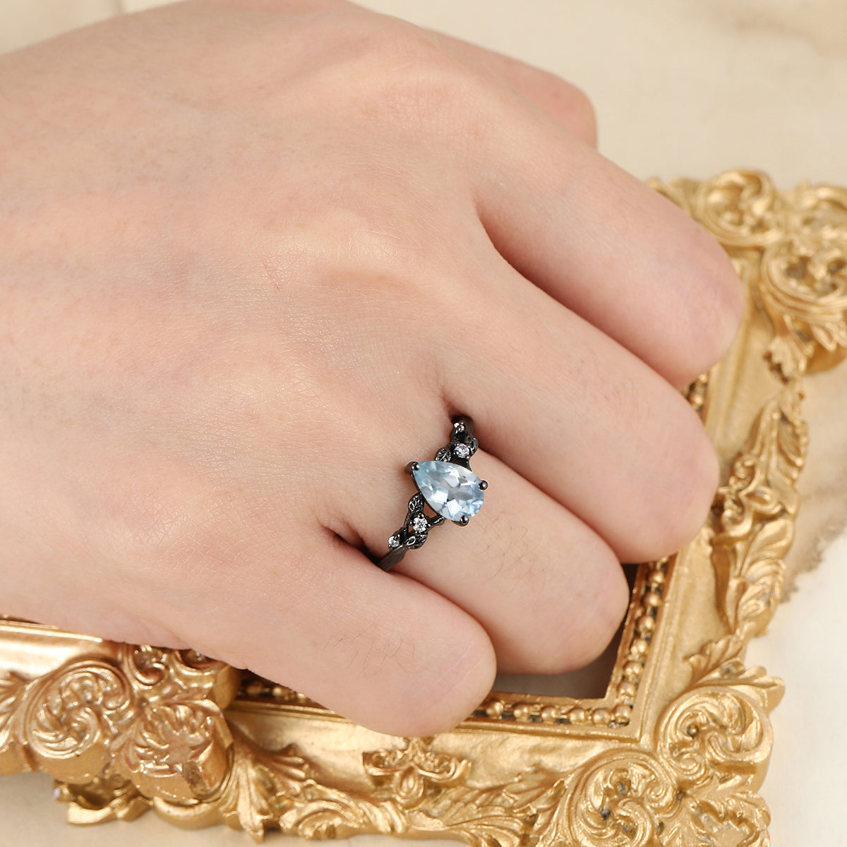 Art Deco Branch Aquamarine Women Wedding Ring Leaf Inspired Bridal Anniversary Ring