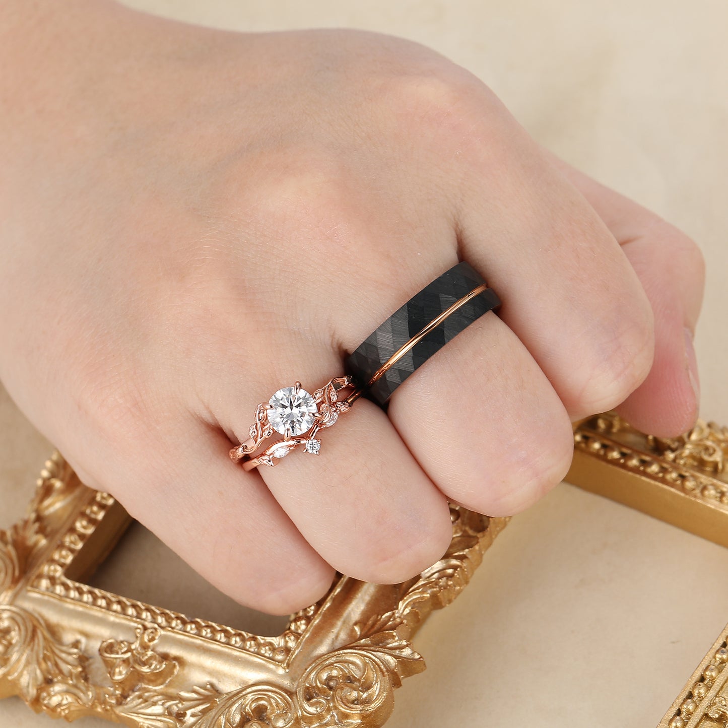 Exquisite Moissanite Branch Leaf Design Couples Ring Set His And Hers Moissanite Rings